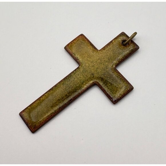 Vintage Enamel Cross Pendant Green and Bronze Tone Double Sided Religious - Picture 4 of 7